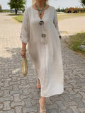 Women’s V-Neck Button Detail Imported Cotton Linen Pocket Dress Beige / S