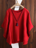 Women’s Solid Color Loose Elegant Bat Sleeve Casual Cotton And Linen Shirt Red / S