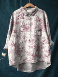 Women’s Red Flower And Bird Print Casual Cotton And Linen Shirt Multicolor / S