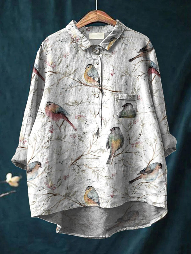 Women’s Floral Bird Art Print Casual Cotton And Linen Shirt Multicolor / S