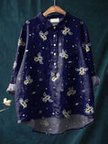 Women’s Vintage Lovely Bees Art Print Casual Cotton And Linen Shirt Blue / S