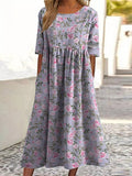 Elegant Pink French Rose Pattern Printed Women’s Pocket Cotton Dress Multicolor / S