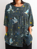 Women’s Vintage Lovely Birds Stars Art Print Casual Cotton And Linen Shirt Multicolor / S