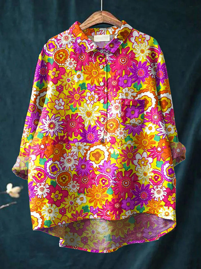 Women’s Hippie Floral Art Print Casual Cotton And Linen Shirt Multicolor / S