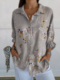 Women’s Floral Art Print Casual Linen V-Neck Shirt Multicolor / S