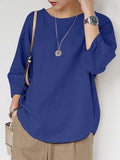 Women’s Solid Color Loose Elegant Casual Cotton And Linen T-Shirt Blue / S