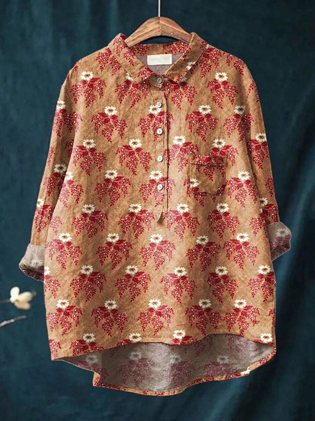 Women’s Floral Art Print Casual Cotton And Linen Shirt Multicolor / S