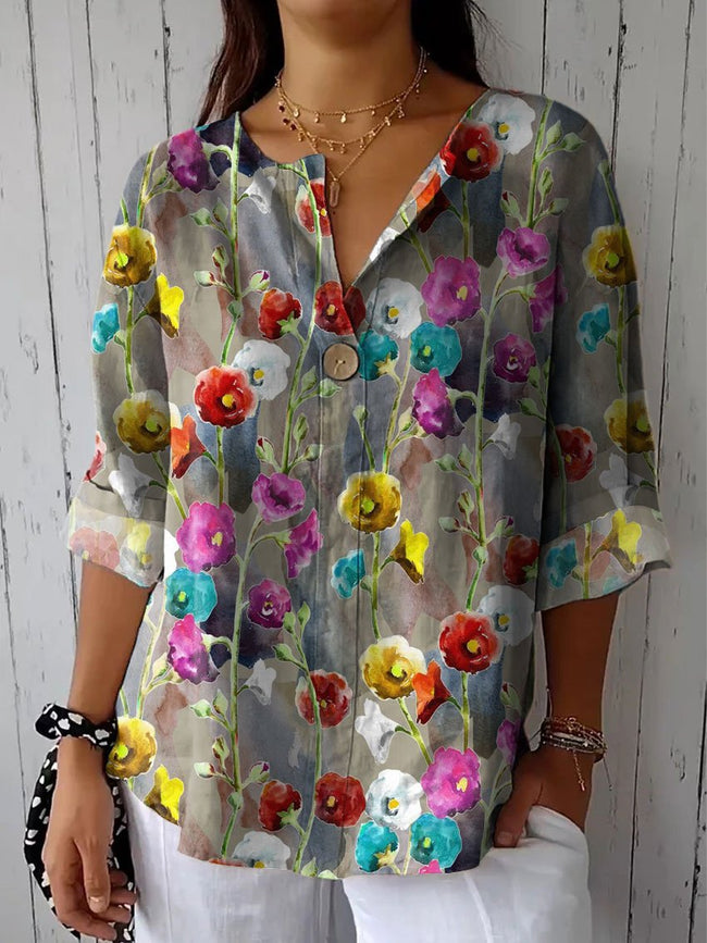 Women’s Flower Print Casual Cotton Linen Shirt Multicolor / S