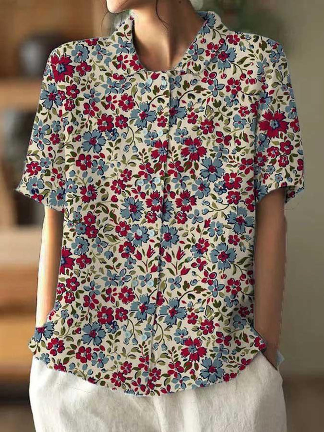 Women’s Red Pastoral Floral Print Casual Cotton And Linen Shirt Multicolor / S