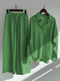 Women’s Solid Color Loose Elegant High Waist Casual Cotton And Linen Suit Green / S