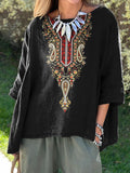 Women’s Vintage Ethnic Pattern Art Print Casual Cotton And Linen Shirt Black / S