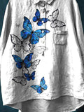 Women’s Vintage Lovely Butterflies Pattern Art Print Casual Cotton And Linen Shirt