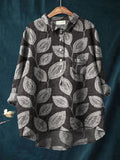 Leaves Art Print Casual Cotton And Linen Shirt Grey / S