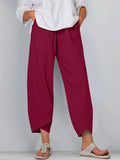 Women’s Solid Color Loose Elegant Casual Simple Cotton And Linen Ninth Pants Red / S