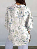 Women’s Retro Blue Floral Print Casual Linen V-Neck Shirt