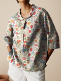 Women’s Floral Art Print Casual Linen Cotton 3/4 Sleeve Shirt Multicolor / S