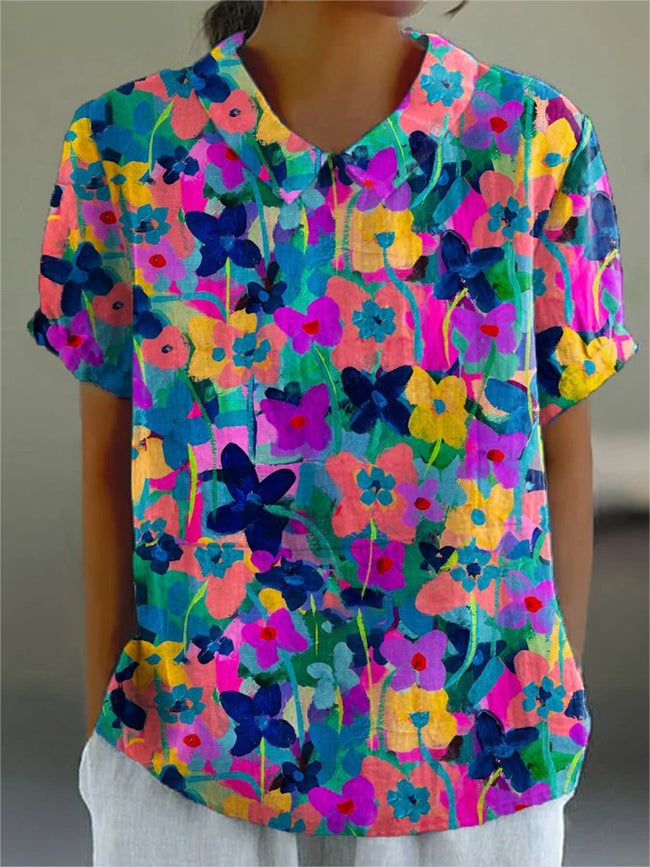 Women's Floral Art Print Casual Cotton And Linen Shirt