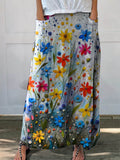 Women’s Vintage Floral Art Printed Linen Pocket Skirt