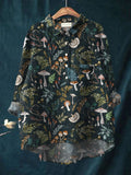 Women’s Mushroom Art Print Casual Cotton And Linen Shirt Multicolor / S