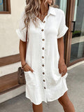 Women’s Casual Solid Color Button Down Short Sleeve Dress White / S