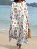 Women’s Rose Flower Print Pocket Cotton Dress