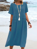 Women’s Solid Color Loose Elegant Casual Cotton And Linen Dress Blue / S