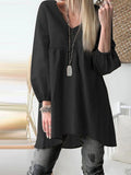 Women’s Solid Color V-Neck Pleated Lantern Sleeve Casual Blouse Black / S