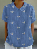 Women’s Flowers And Leaves Casual Cotton Linen Shirt Blue / S