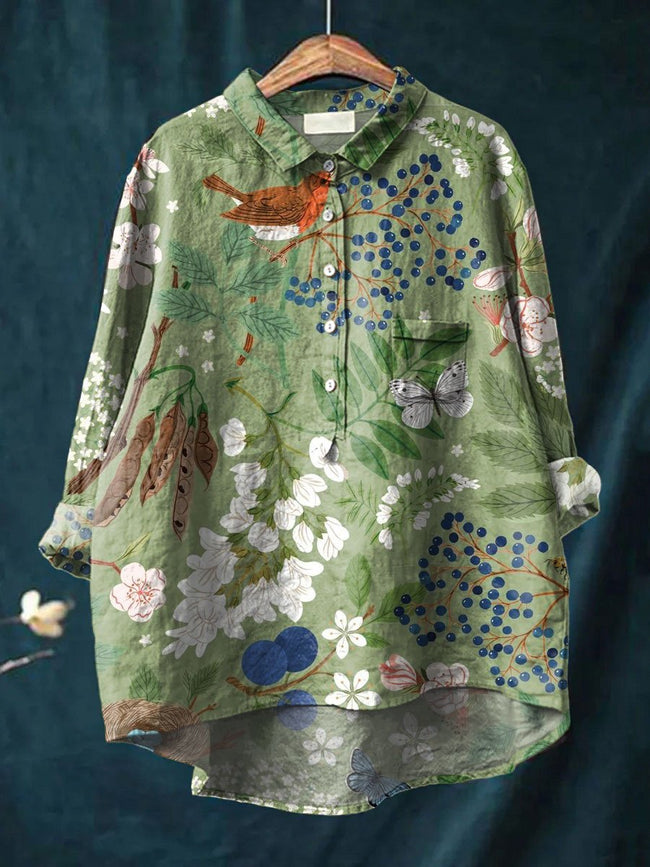 Women’s Vintage Flower Print Casual Cotton And Linen Shirt Multicolor / S