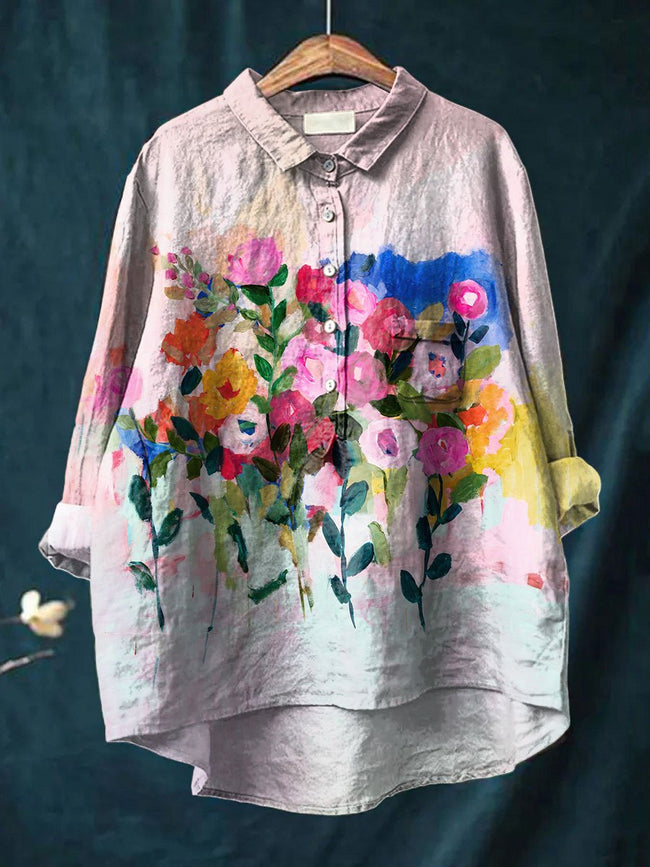 Women’s Flower Print Casual Cotton And Linen Shirt Multicolor / S