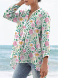 Watercolor Rose And Peony Repeat Pattern Printed Women’s Casual Linen V-Neck Shirt Multicolor / S