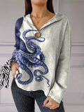 Women’s Deep Sea Octopus Tentacles Cotton Linen Hooded Top Multicolor / S