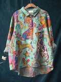 Vintage Lovely Rainbow Dogs Art Print Casual Cotton And Linen Shirt Multicolor / S