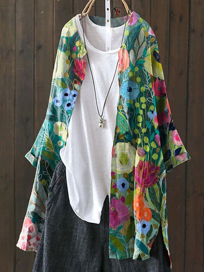 Women’s Flower Print Loose Casual Top Jacket Multicolor / S