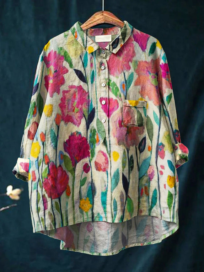 Women’s Vintage Flower Art Print Casual Cotton And Linen Shirt Multicolor / S