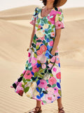 Colorful Spring Floral Garden Printed Women’s Linen Pocket Dress Multicolor / S