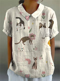 Women’s Cute Kitten Floral Print Casual Cotton And Linen Shirt Multicolor / S