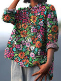 Watercolor Floral Bush Pattern Printed Women’s Casual Cotton And Linen Shirt