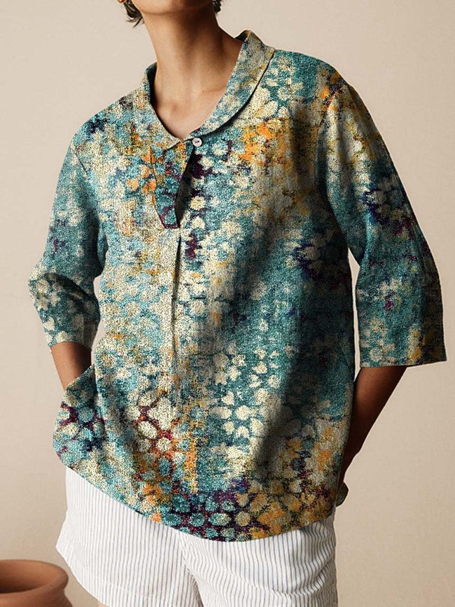 Women’s Vintage Print Casual Linen Cotton 3/4 Sleeve Shirt Multicolor / S