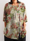 Women’s Vintage Floral Art Print Casual Cotton And Linen Shirt Multicolor / S