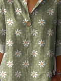 Lovely White Daisy Pattern Printed Women’s Casual Cotton Linen Shirt