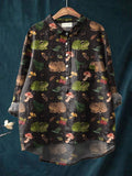 Frog And Woodland Repeat Pattern Printed Women’s Casual Cotton Linen Shirt Multicolor / S