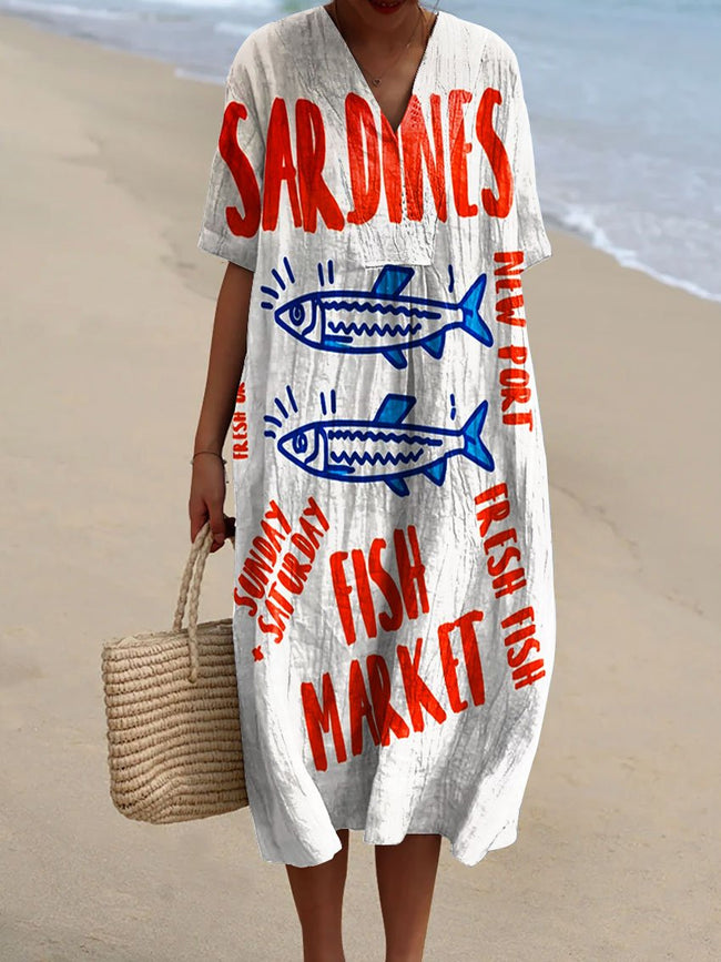 Women’s Vintage Fish Sardines Art Print Flowy Dress Multicolor / S