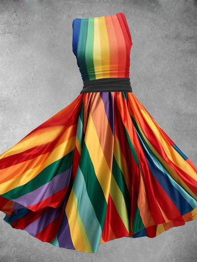 Women's Rainbow Stripe Art Pocket Design Maxi Dress
