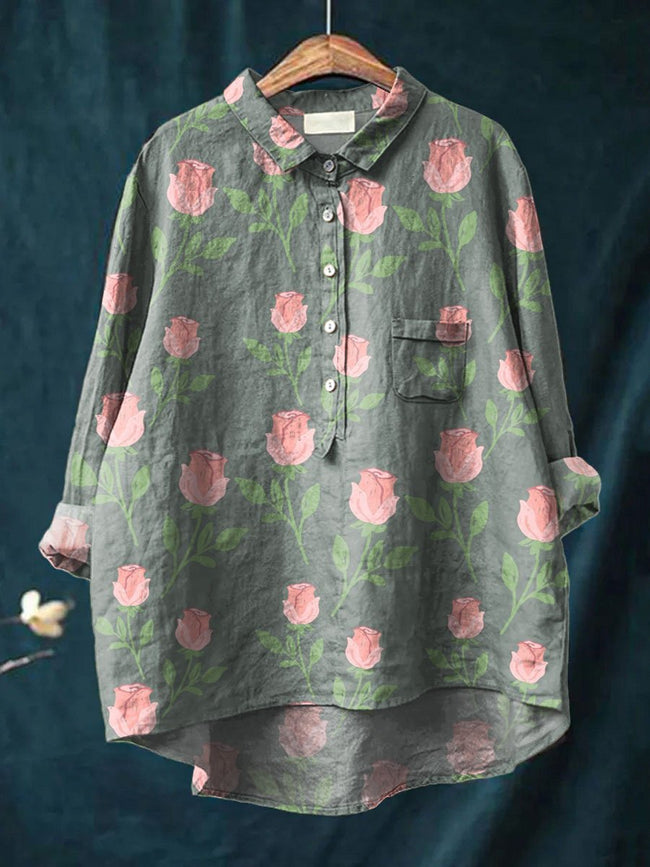 Women’s Rose Flower Print Casual Cotton And Linen Shirt Multicolor / S