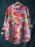 Women’s Flower Painting Art Print Casual Cotton And Linen Shirt Multicolor / S