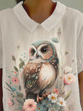 Women’s Owl Flower Print Casual Cotton And Linen Shirt