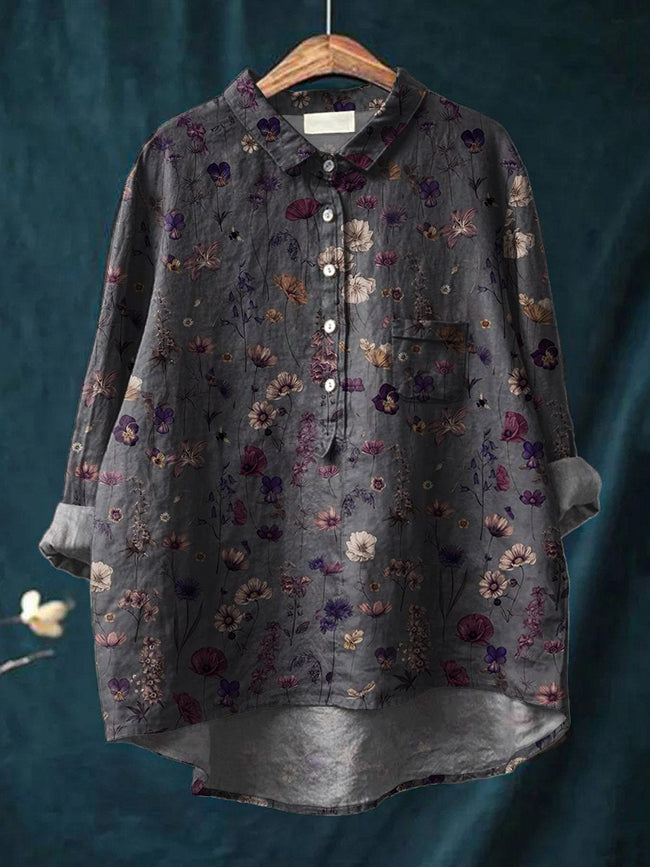 Women’s Floral Art Print Casual Cotton And Linen Shirt Multicolor / S