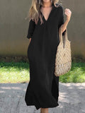 Women’s Solid Color V-Neck Linen Pocket Dress Black / S