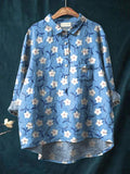 Lovely White Summer Floral Pattern Printed Women’s Casual Cotton And Linen Shirt Blue / S